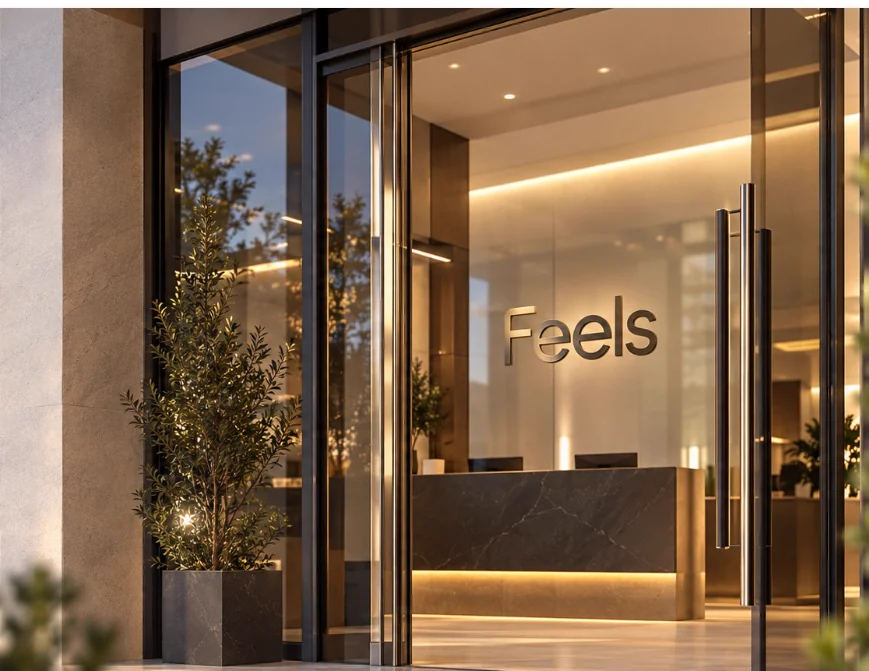 Feels ofisinin girişi: Feels tabelalı cam kapı