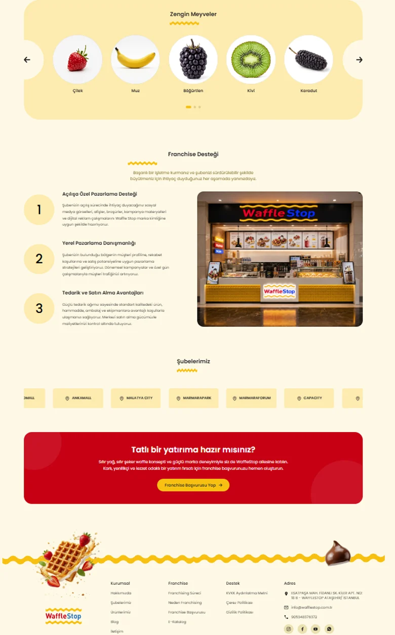 WaffleStop anasayfa tasarımı, alt bölümler